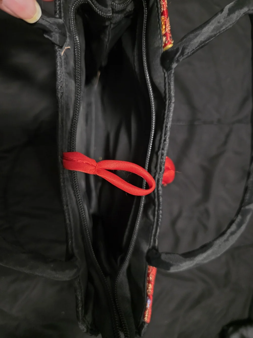 Black and Red Tote Bag with Oriental Embroidered Medallions
